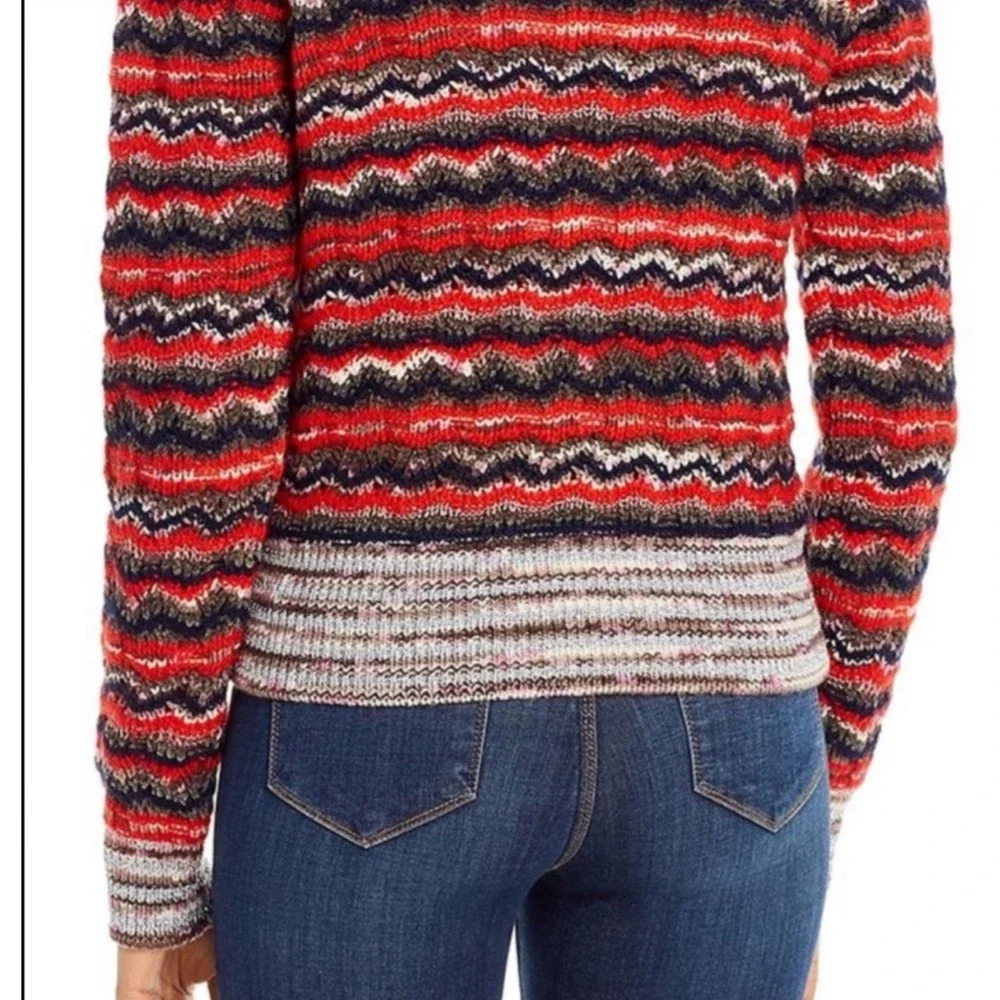 $298 TORY BURCH Lurex Stripe Knit Wool Blend Red Sweater Crew Neck Womens MEDIUM